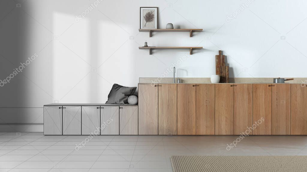 Architect interior designer concept: hand-drawn draft unfinished project that becomes real, minimalist japandi kitchen. Cabinets, shelves and bench. Concrete floor, wabi sabi