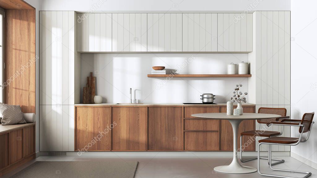 Japandi trendy wooden kitchen and dining room in white and beige tones. Wooden cabinets, contemporary wallpaper and big window. Minimalist interior design
