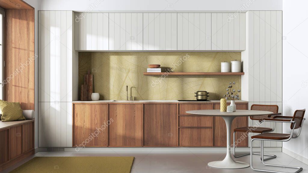 Japandi trendy wooden kitchen and dining room in white and yellow tones. Wooden cabinets, contemporary wallpaper and big window. Minimalist interior design