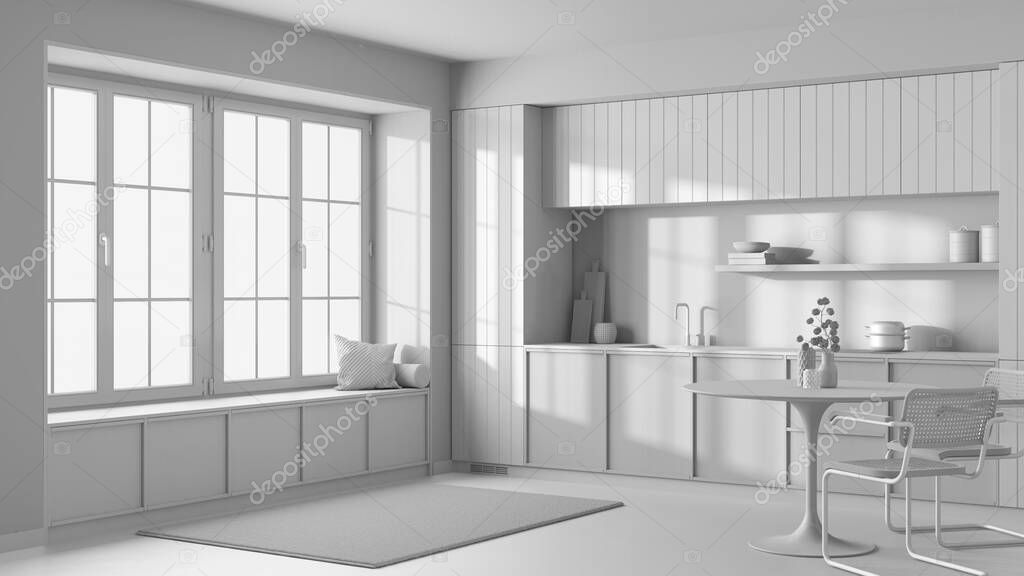 Total white project draft, modern trendy kitchen. Wooden cabinets, contemporary wallpaper and big window. Minimalist japandi interior design