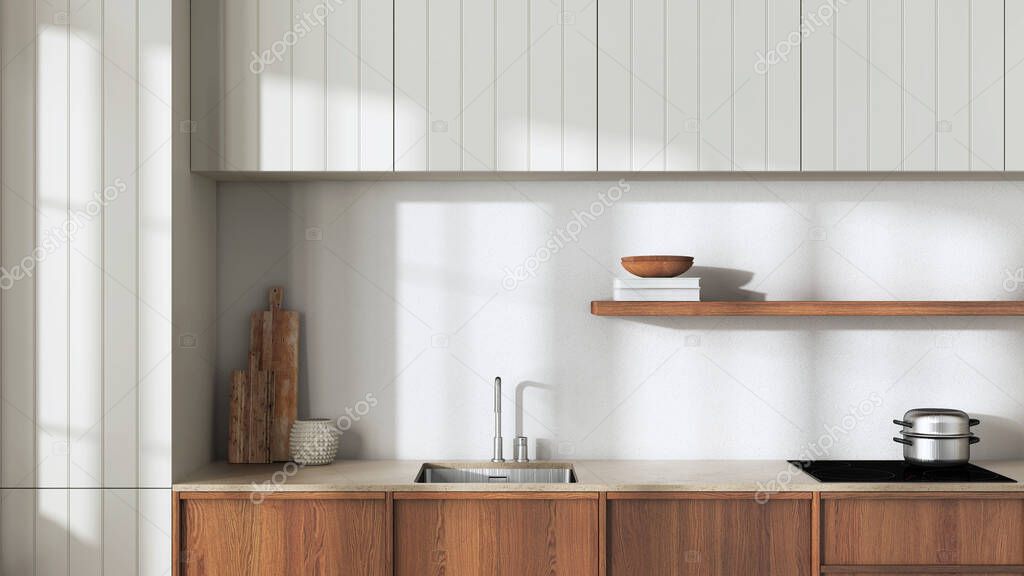 Japandi wooden kitchen close up in white and beige tones. Modern cabinets, shelf with decors and sink. Minimalist interior design