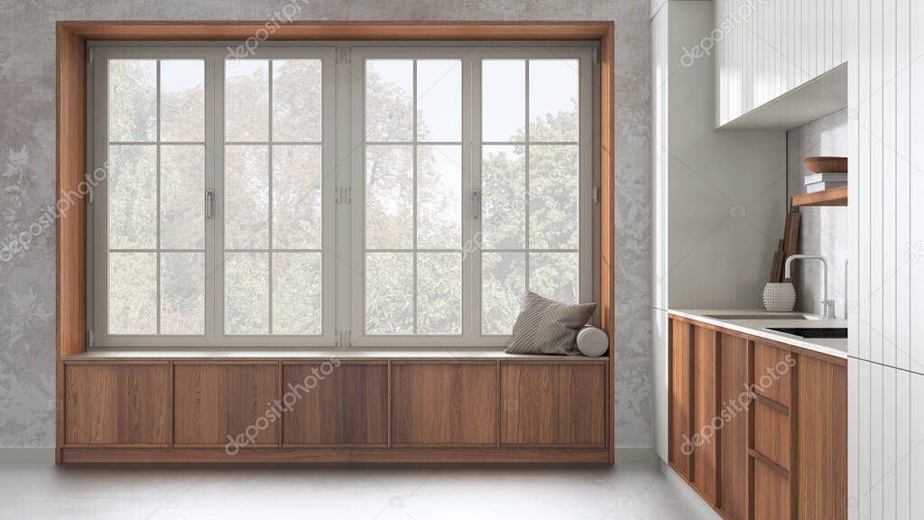 Modern cozy kitchen and big window with bench in white and beige tones. Wallpaper and concrete floor. Minimalist japandi interior design