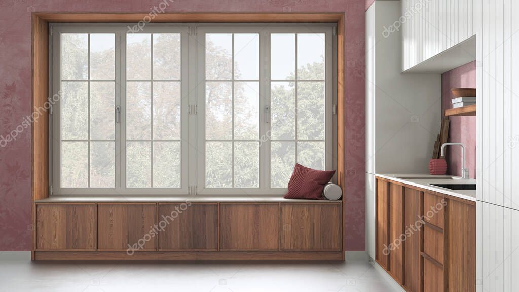 Modern cozy kitchen and big window with bench in white and red tones. Wallpaper and concrete floor. Minimalist japandi interior design