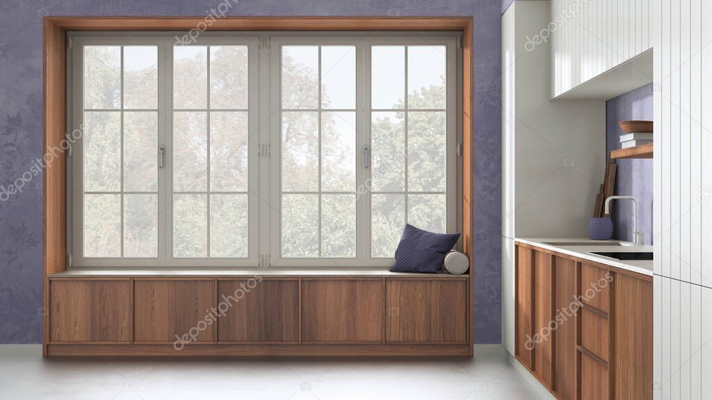 Modern cozy kitchen and big window with bench in white and purple tones. Wallpaper and concrete floor. Minimalist japandi interior design