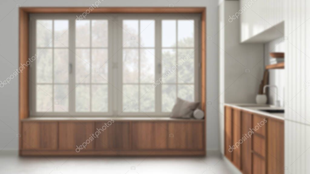 Blurred background, modern cozy kitchen and big window with bench. Wallpaper and concrete floor. Minimalist japandi interior design