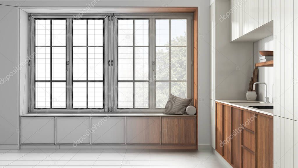Architect interior designer concept: hand-drawn draft unfinished project that becomes real, modern cozy kitchen and big window with bench. Wallpaper and concrete floor