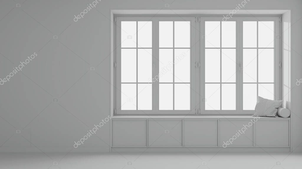 Total white project draft, country panoramic window with wooden siting bench. Background with copy space