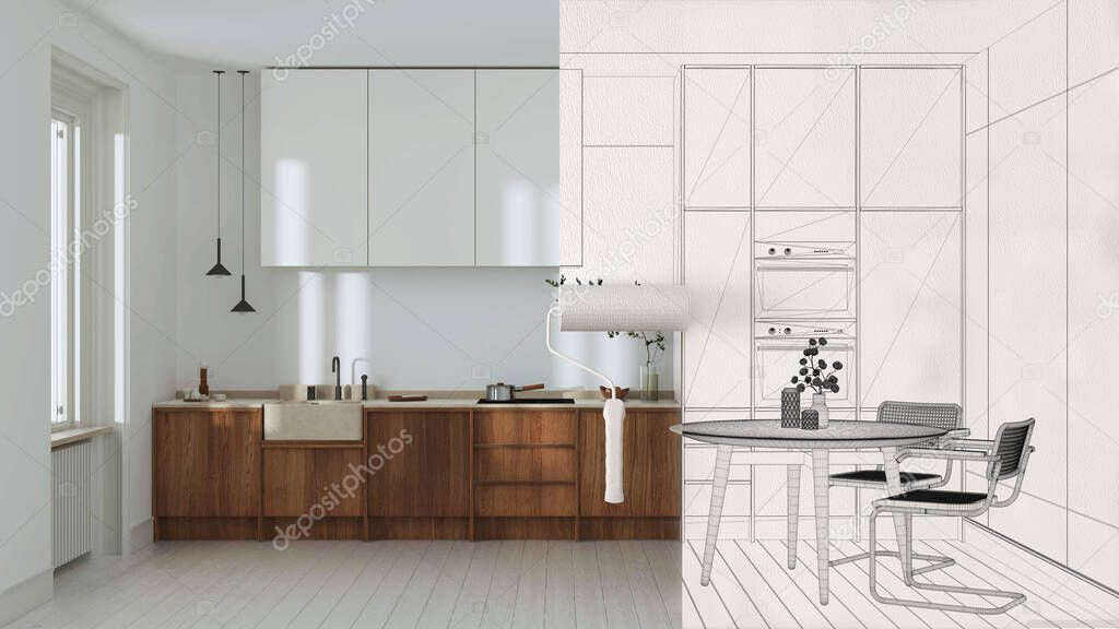 Paint roller painting interior design blueprint sketch background while the space becomes real showing japandi kitchen. Before and after concept, architect designer creative work flow