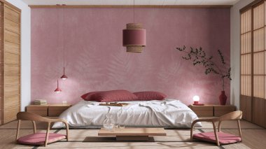 Japandi bedroom in white and red tones, japanese style. Double bed, tatami mats, armchairs, meditation zen space. Minimalist interior design