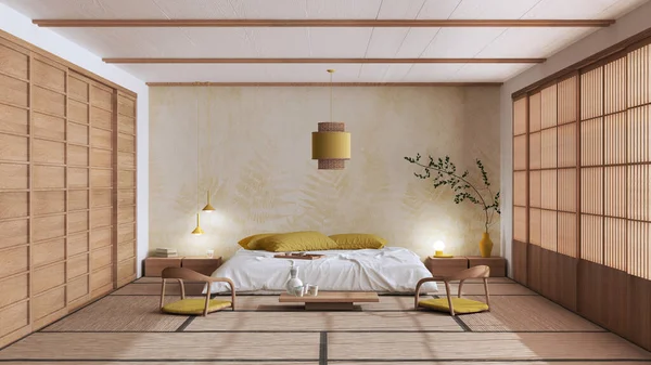 Minimalist Bedroom White Yellow Tones Japanese Style Double Bed Tatami — Stock Photo, Image