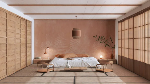 Minimalist bedroom in white and orange tones, japanese style. Double bed, tatami mats, meditation zen space. Japandi interior design