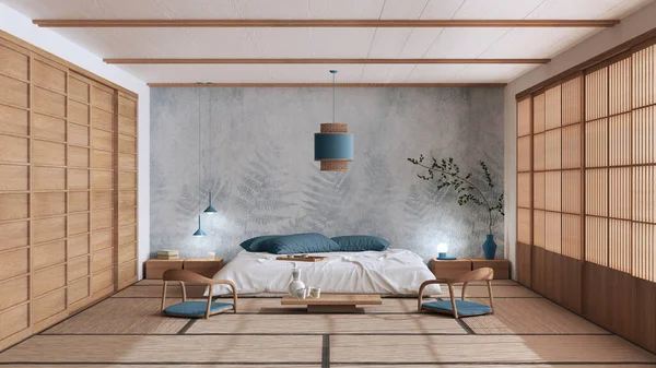 Minimalist Bedroom White Blue Tones Japanese Style Double Bed Tatami — Stock Photo, Image
