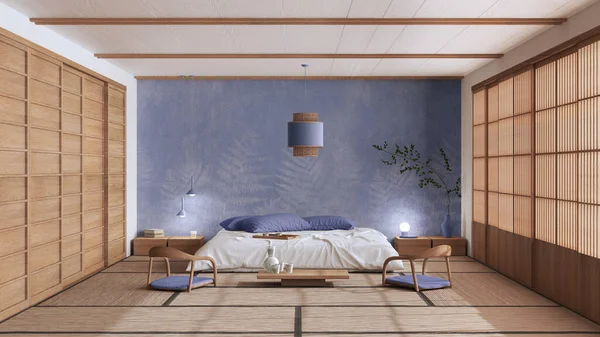 Minimalist bedroom in white and purple tones, japanese style. Double bed, tatami mats, meditation zen space. Japandi interior design