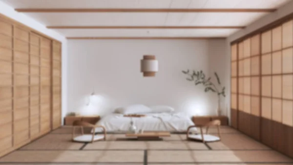 Blurred Background Minimalist Bedroom Japanese Style Double Bed Tatami Mats — Stock Photo, Image