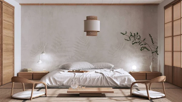 Japandi Bedroom White Beige Tones Japanese Style Double Bed Tatami — Stock Photo, Image