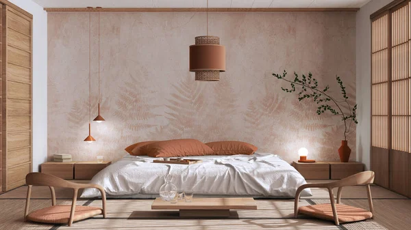 Japandi bedroom in white and orange tones, japanese style. Double bed, tatami mats, armchairs, meditation zen space. Minimalist interior design