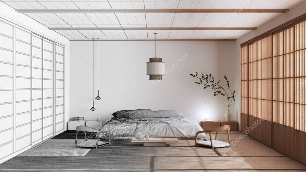 Architect interior designer concept: hand-drawn draft unfinished project that becomes real, minimalist bedroom, japanese style. Bed, tatami mats, meditation zen space. Japandi