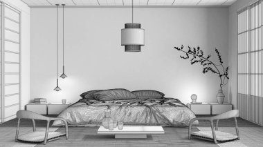 Blueprint unfinished project draft, japandi bedroom, japanese style. Double bed, tatami mats, armchairs, meditation zen space. Minimalist interior design
