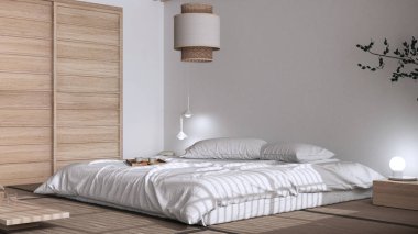 Japandi bedroom in white and bleached tones, japanese style. Double bed, tatami mats, paper lamp, meditation zen space. Minimalist interior design