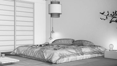 Blueprint unfinished project draft, japandi bedroom, japanese style. Double bed, tatami mats, paper lamp, meditation zen space. Minimalist interior design
