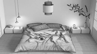 Blueprint unfinished project draft, japandi bedroom, japanese style. Double bed, tatami mats, armchairs, meditation zen space. Minimalist interior design, top view, above