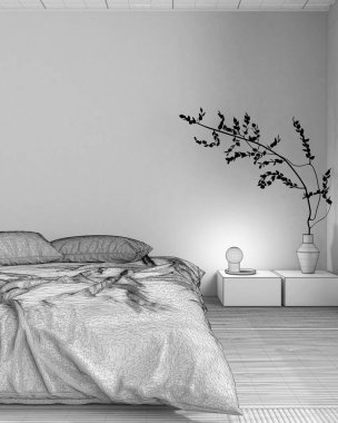 Blueprint unfinished project draft, japandi bedroom mock up. Japanese minimal interior design with copy space