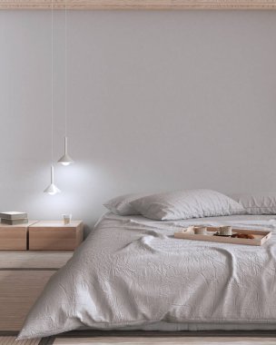 Japandi bedroom mock up in white and bleached tones. Bed with pillows, japanese minimal interior design with copy space