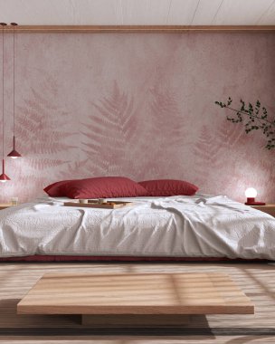 Japandi bedroom mock up in white and red tones. Bed with pillows, wallpaper, tatami mats. Japanese minimal interior design with copy space