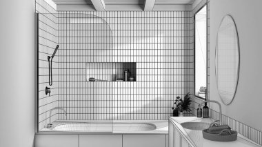 Blueprint unfinished project draft, japandi minimalist bathroom. Marble bathtub and wooden washbasin. Farmhouse interior design