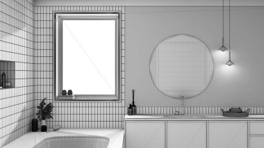 Blueprint unfinished project draft, wabi sabi, japandi bathroom. Marble bathtub and bleached wooden washbasin. Farmhouse interior design