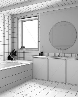 Blueprint unfinished project draft, wooden boho bathroom. Marble bathtub and washbasin. Japandi farmhouse interior design