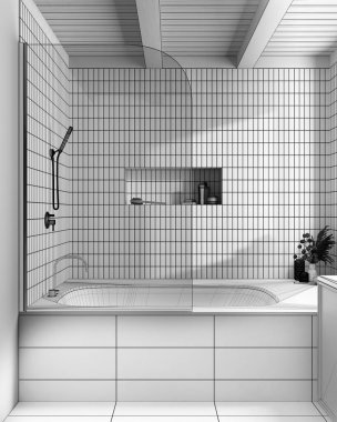 Blueprint unfinished project draft, wooden and marble japandi bathroom. Bathtub with tiles. Farmhouse minimalist interior design