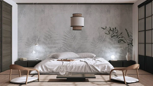 Japandi Bedroom White Dark Tones Japanese Style Double Bed Tatami — Φωτογραφία Αρχείου