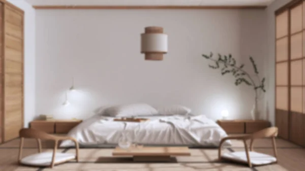Blurred Background Japandi Bedroom Japanese Style Double Bed Tatami Mats — Fotografia de Stock