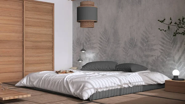 Japandi Bedroom White Gray Tones Japanese Style Double Bed Tatami — стоковое фото