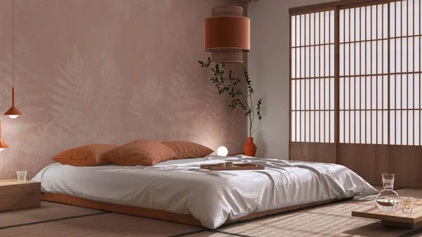 Japanese bedroom in white and orange tones, zen style. Double bed, tatami mats, paper lamp, meditation space. Minimalist japandi interior design