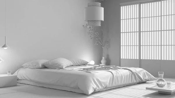 Total White Project Draft Japanese Bedroom Zen Style Double Bed — Stock Photo, Image