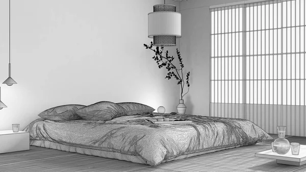 Blueprint Unfinished Project Draft Japanese Bedroom Zen Style Double Bed — Foto Stock