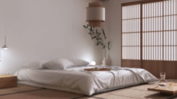 Blurred Background Japanese Bedroom Zen Style Double Bed Tatami Mats — Stok Foto