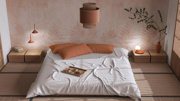 Japandi bedroom in white and orange tones, japanese style. Double bed, tatami mats, armchairs, meditation zen space. Minimalist interior design, top view, above