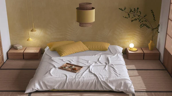 Japandi Bedroom White Yellow Tones Japanese Style Double Bed Tatami — стоковое фото
