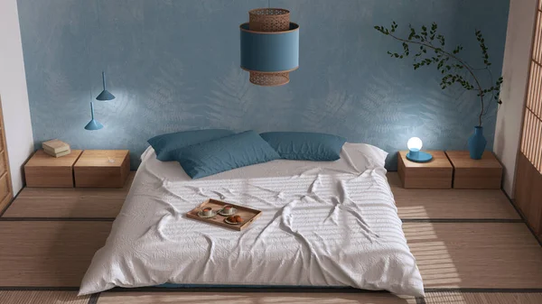 Japandi Bedroom White Blue Tones Japanese Style Double Bed Tatami — Stockfoto