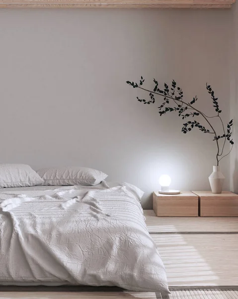Japandi bedroom mock up in white and bleached tones. Japanese minimal interior design with copy space