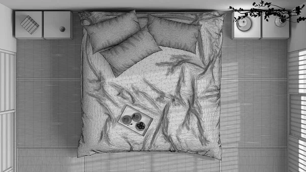 Blueprint Unfinished Project Draft Japandi Bedroom Japanese Style Double Bed — Stok fotoğraf