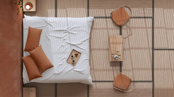 Japandi bedroom in white and orange tones, japanese style. Double bed, tatami mats, armchairs, meditation zen space. Minimalist interior design, top view, plan, above