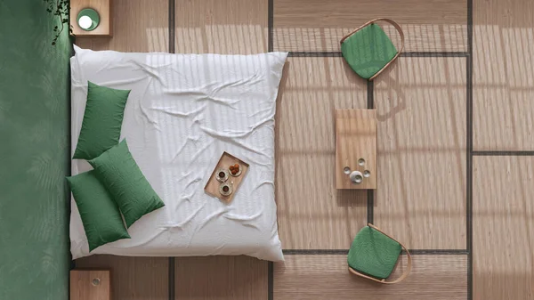 Japandi Bedroom White Green Ones Japanese Style Double Bed Tatami — Stockfoto