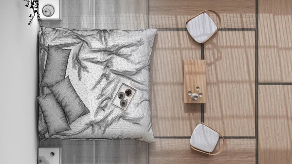 Architect interior designer concept: hand-drawn draft unfinished project that becomes real, japandi bedroom, japanese style. bed, tatami mat. Minimalist, top view, plan, above