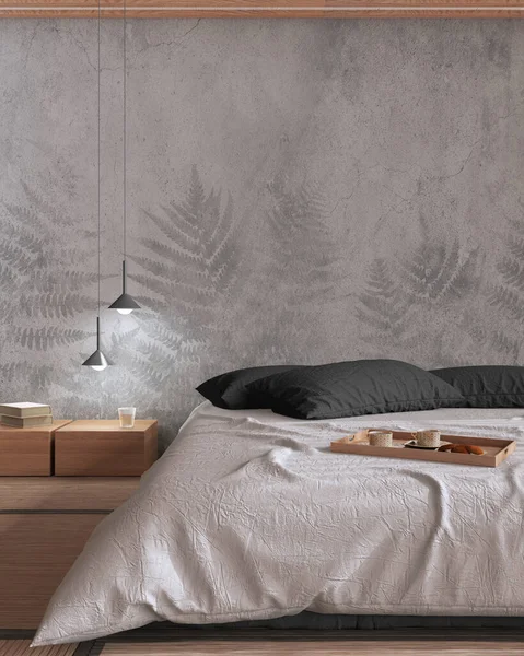 Japandi Bedroom Mock White Gray Tones Bed Pillows Japanese Minimal — стоковое фото