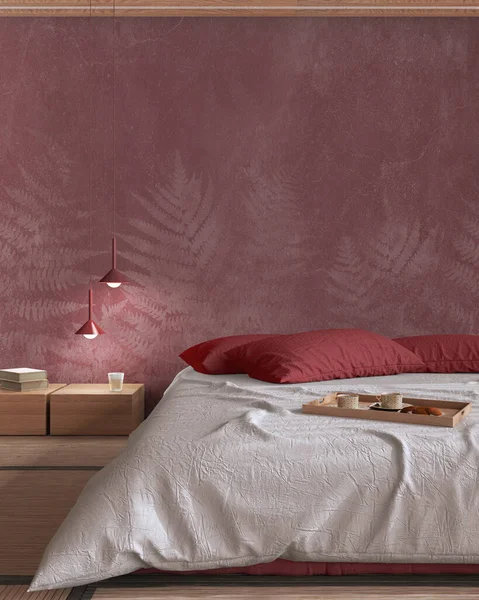 Japandi Bedroom Mock White Red Tones Bed Pillows Japanese Minimal — стоковое фото