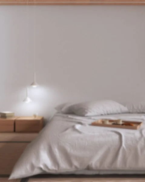 Blurred background, japandi bedroom mock up. Bed with pillows, japanese minimal interior design with copy space